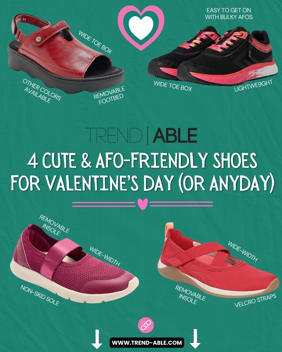 Valentine’s Day is Saturday… but cute, comfy shoes that actually work with AFOs are an everyday kind of love story. 💕⁣
⁣
I know some of us would rather have our feet blend in than “stand out” — 𝘦𝘴𝘱𝘦𝘤𝘪𝘢𝘭𝘭𝘺 when foot drop or leg braces already make you feel different. And I get that.⁣
⁣
But sometimes em𝗯𝗿𝗮𝗰𝗶𝗻𝗴 it means leaning into the color, the fun, the pink… and letting your shoes be part of your personality instead of something you hide. ⁣
(And yes — these styles also come in more neutral colors too 😂) These four pairs are all wide, removable-insole friendly, and genuinely easy to get on — and still cute.⁣
⁣
If you want the links, comment VALENTINE below and I’ll DM them to you. 💗⁣
