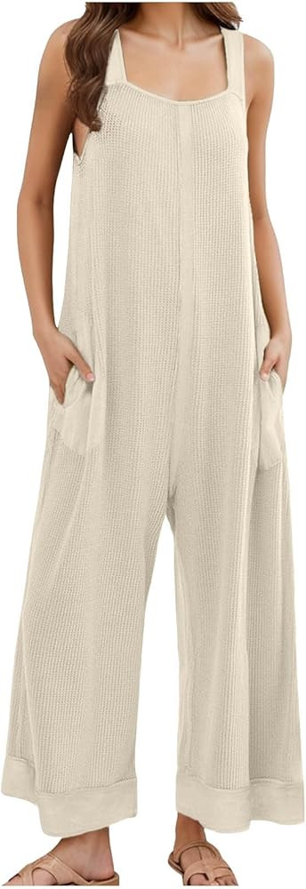 cooki Women's 2024 Summer Casual Rompers Waffle Knit Sleeveless Wide Leg Long Pants Overalls Stra... | Amazon (US)