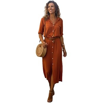 Women's Elegant Long Sleeve Button Down Midi Shirt Dress Spring Lightweight Casual Side Split Loo... | Amazon (US)