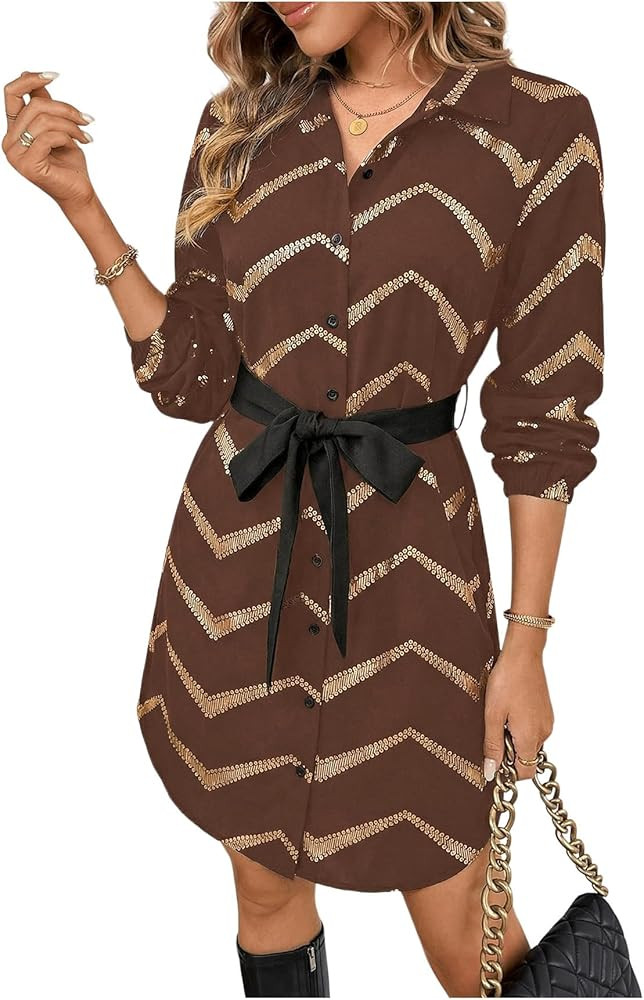 SweatyRocks Women's Metallic Gold Long Sleeve Dresses Collar Shirtdress Casino Night Party Outfit | Amazon (US)