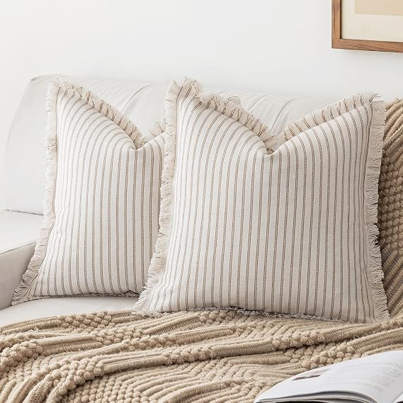 YEENAASY Throw Pillow Covers 18x18 Boho Striped Pillow Cases with Tassel | Set of 2 Fringe Pillow... | Amazon (US)