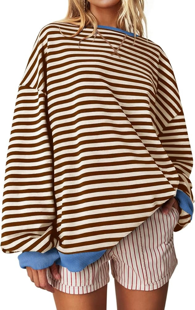 UEU Women Oversized Striped Crewneck Sweatshirt Long Sleeve Color Block Pullover Tops Casual Loos... | Amazon (US)