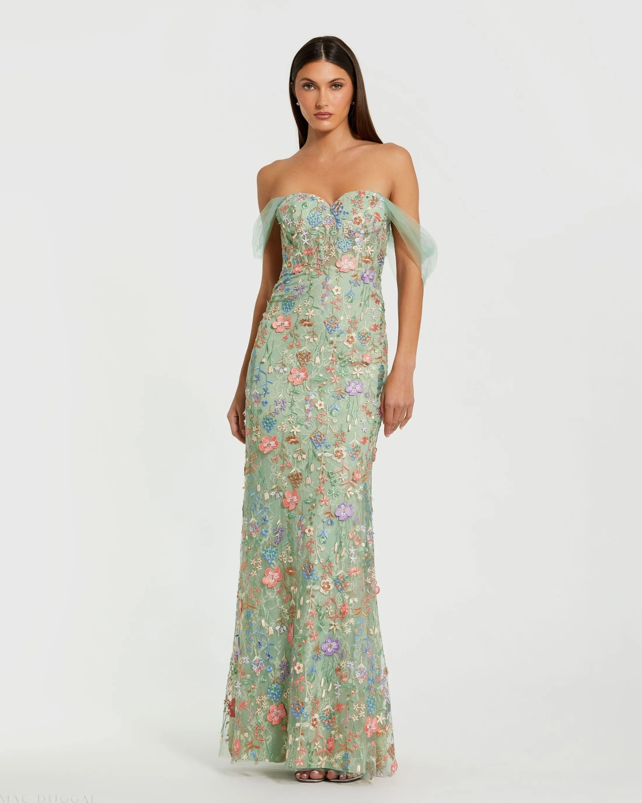 Mac Duggal - Green Off-the-Shoulder Bustier Floral Column Gown - Sage Multi / US 6 | Mac Duggal