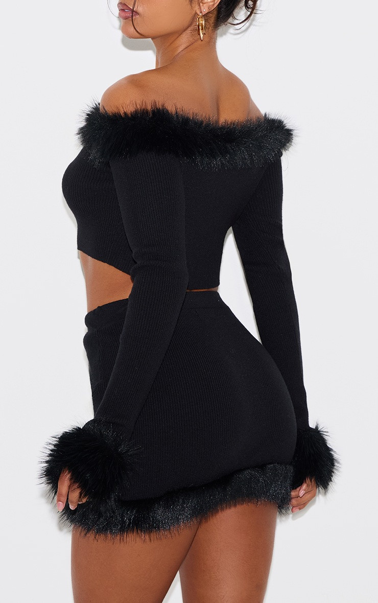 Black Rib Knit Fur Trim Mini Skirt | PrettyLittleThing UK