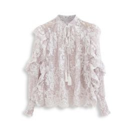 Tassel V-Neck Embroidered Ruffle Organza Top in Lilac | Chicwish