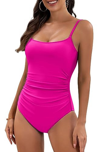 Eomenie Women's One Piece Swimsuits Tummy Control Ruched Bathing Suit 1 Piece Swimwear Hot Pink | Amazon (US)