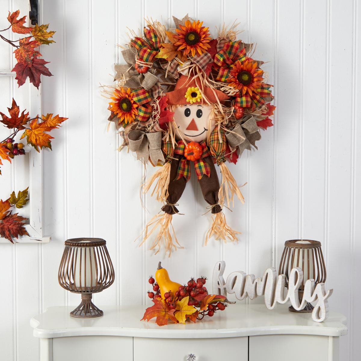 Nearly Natural 30 in. Scarecrow Wreath  with Sunflower and Bows - 20660333 | HSN | HSN