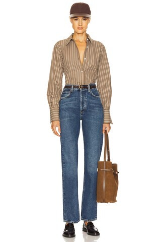 Pinstripe Poplin Fitted Shirt in Brown & Cream Stripe | Revolve Clothing (Global)