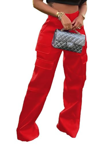LTOTXKMR High Waisted Satin Cargo Pants Women Vibrant Red Fashion Silk Metallic Silky Winter Date Night wear (Red, XL) | Amazon (US)