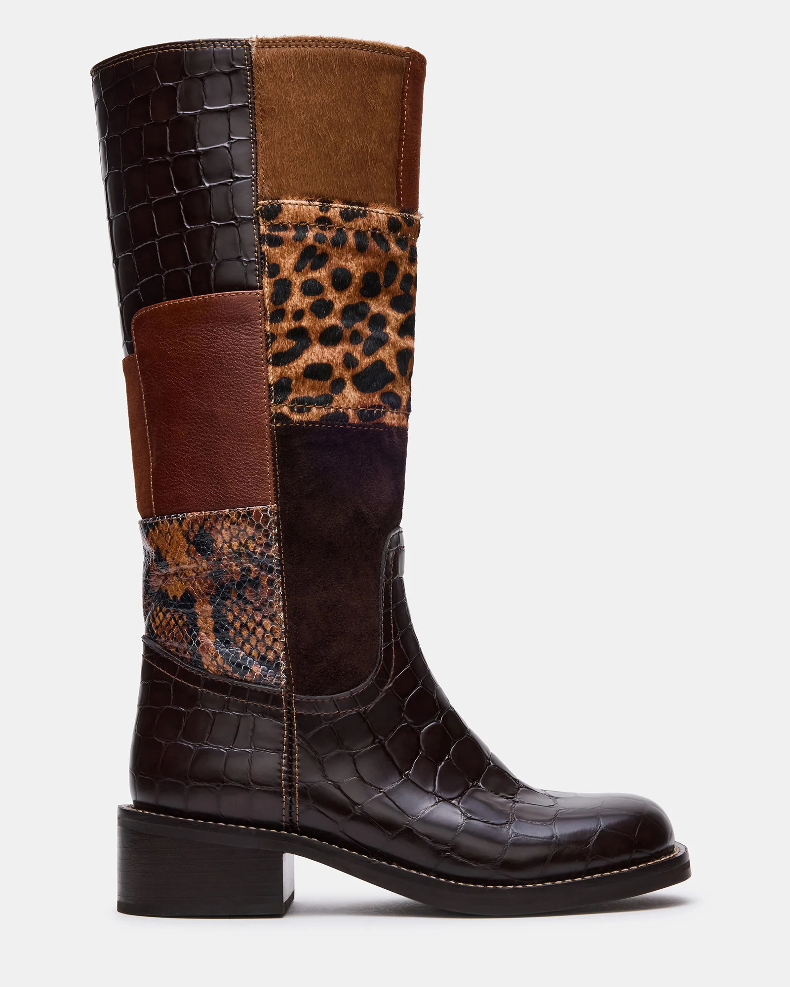RIGGS Brown Multi Patches Square-Toe Women's Boot | Steve Madden (US)