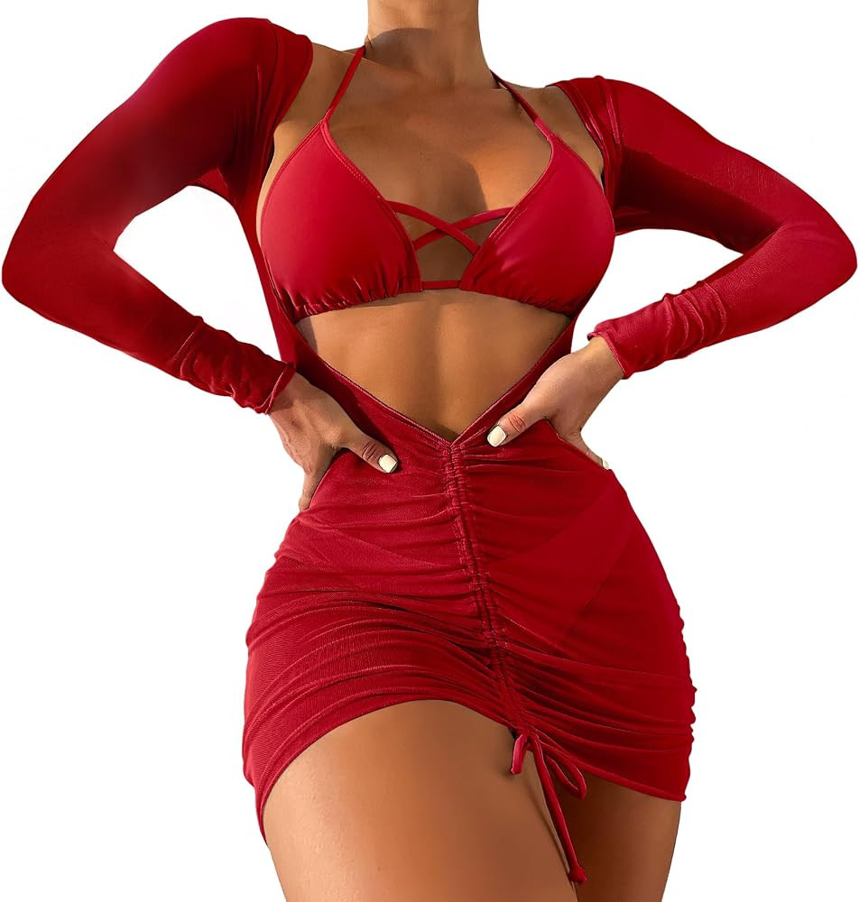 Lilosy Sexy Long Sleeve Mesh Sheer Beach Cover Up One Piece | Amazon (US)