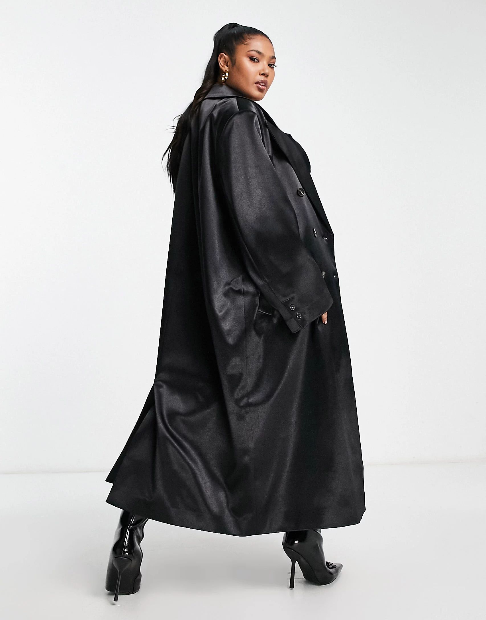 ASOS DESIGN Curve satin dad coat in black | ASOS | ASOS (Global)
