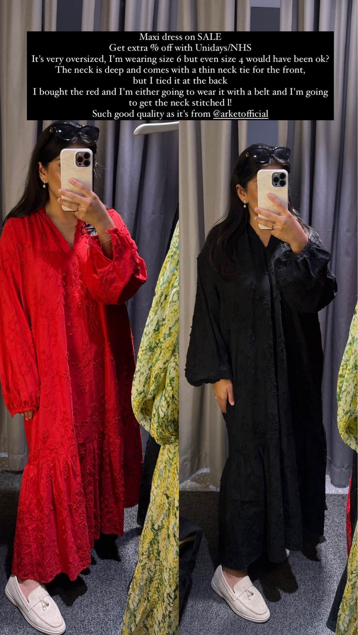 Maxi dress on SALE
Get extra % off with Unidays/NHS
It's very oversized, I'm wearing size 6 but even size 4 would have been ok? 
The neck is deep and comes with a thin neck tie for the front, 
but I tied it at the back
I bought the red and I'm either going to wear it with a belt and I'm going to get the neck stitched! 
Such good quality as it's from @arketofficial 



#LTKsalealert #LTKfindsunder100 #LTKSeasonal