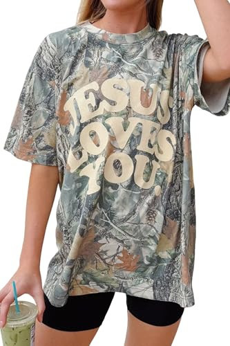 Womens Jesus Loves You Camo Shirt Casual Short Sleeve Christian Tee | Amazon (US)