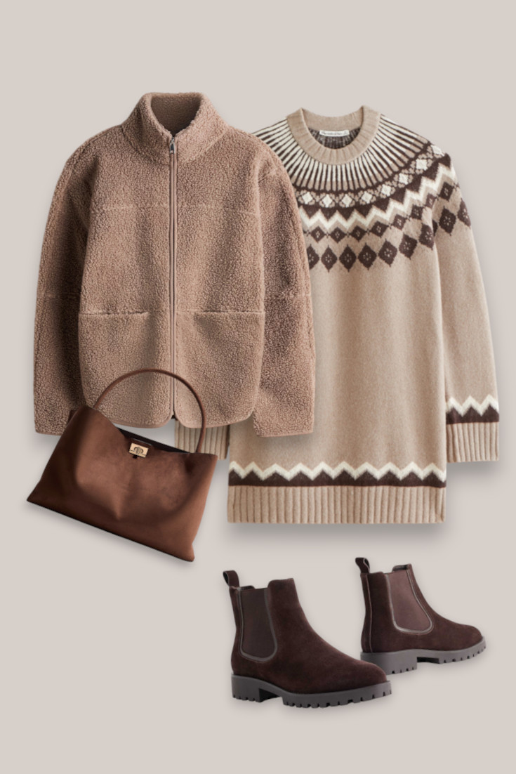 Cosy winter layers for a cold casual day. A Fair Isle sweater with a teddy fleece, brown Chelsea boots and matching accessories makes this practical outfit feel much more pulled together. #cosywinteroutfit #winteroutfits #fairislesweater #casualstyle 

 #LTKfestive #LTKdresses #LTKstyletip