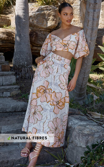 Amalie The Label - Alienor Linen Blend High Waisted Midi Skirt in Maison Fleur | Showpo (ANZ)