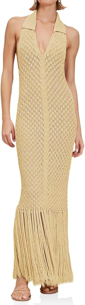 Saodimallsu Womens Halter Crochet Cover Up Fringe Sexy Backless Sleeveless V Neck Collared Vacati... | Amazon (US)