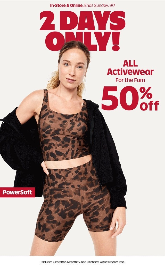 2 DAYS ONLY!!! 50% off active wear. 
Old Navy | gym fit | active wearr

#LTKMidsize #LTKActive #LTKSaleAlert