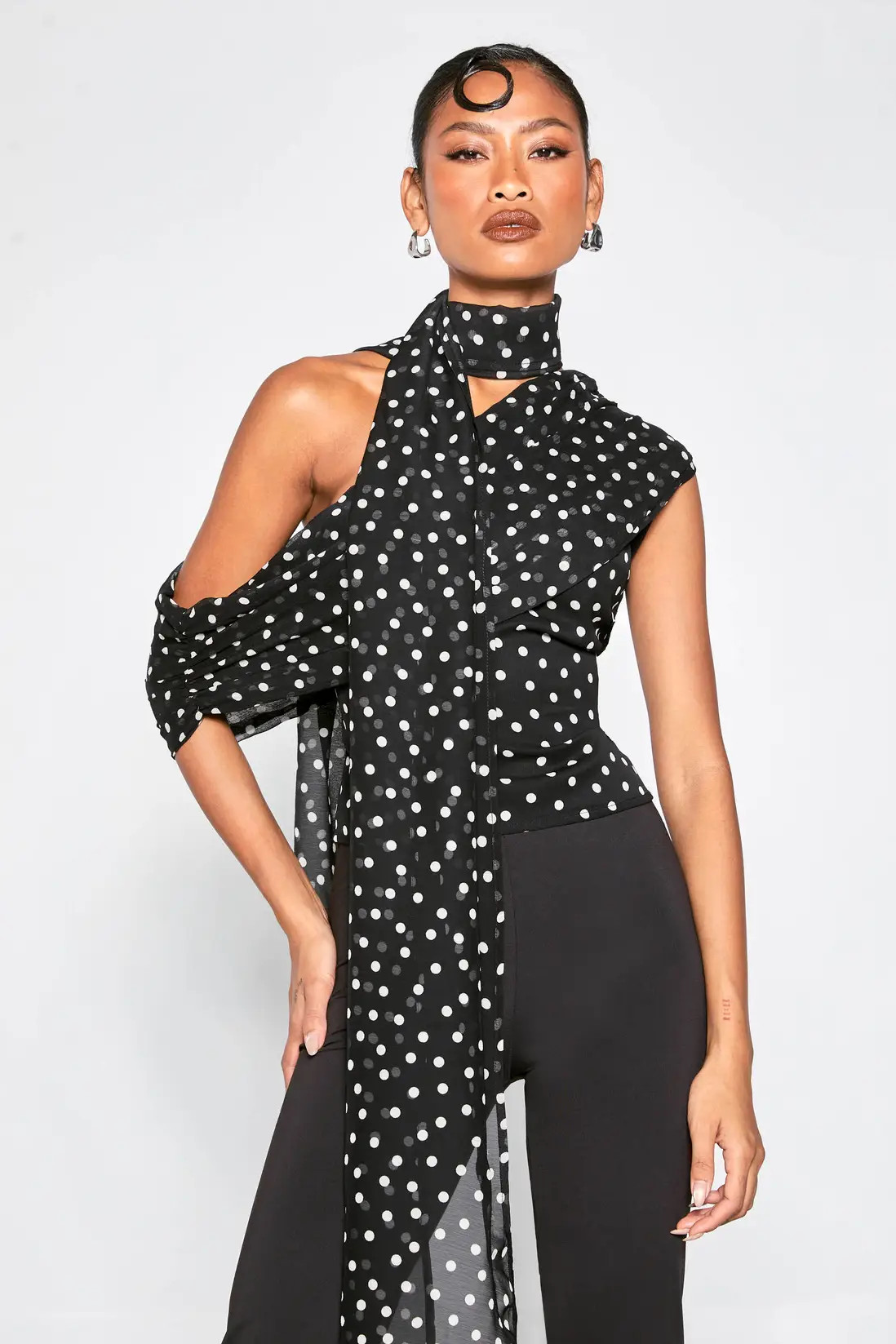 Black Polka Dot Chiffon Asymmetric Wrap Top | Boohoo | Boohoo.com (UK & IE)