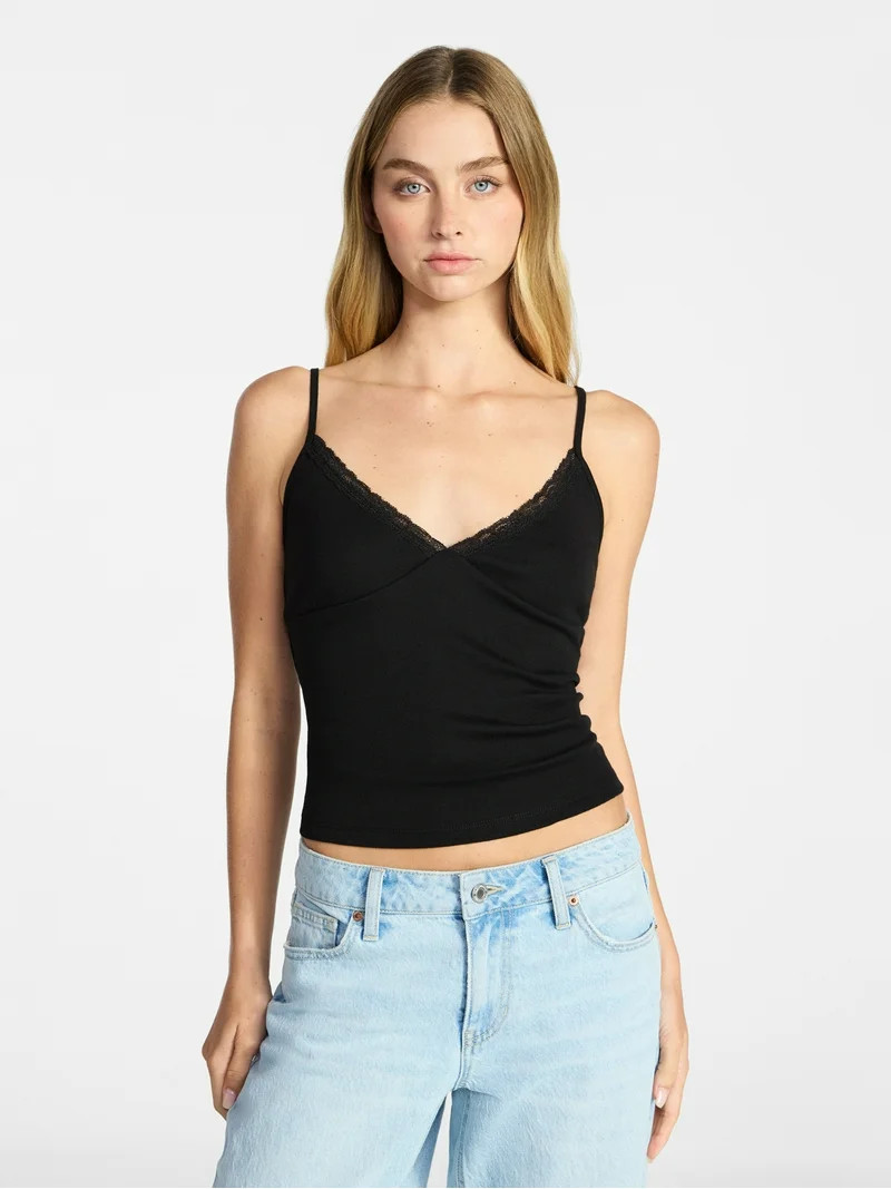 No Boundaries Lace Trim V-Neck Cami, Women’s XXS-XXL | Walmart (US)