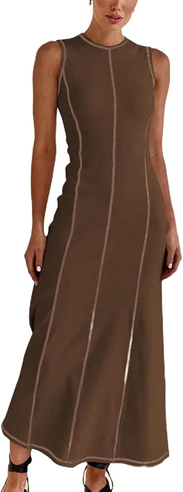 Women's 2024 Summer Sundress Elegant Casual Crew Neck Sleeveless Knit Striped Bodycon Maxi Dress | Amazon (US)
