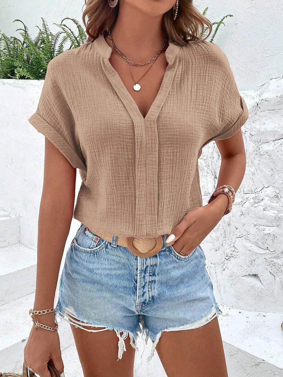 SHEIN LUNE Notched Neck Batwing Sleeve Blouse | SHEIN