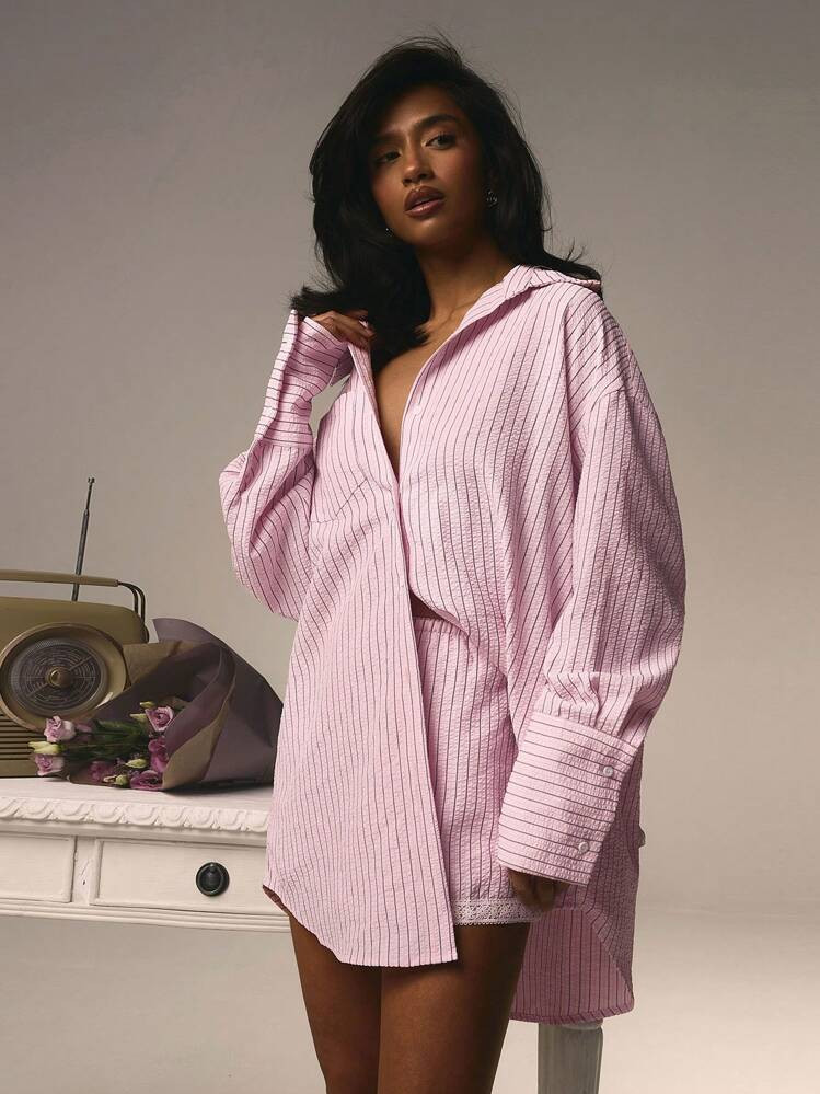 Athîral 2pcs Women Pink Stripe Casual Front Button Long Sleeve Oversize Shirt And Shorts Lace Tape Set | SHEIN