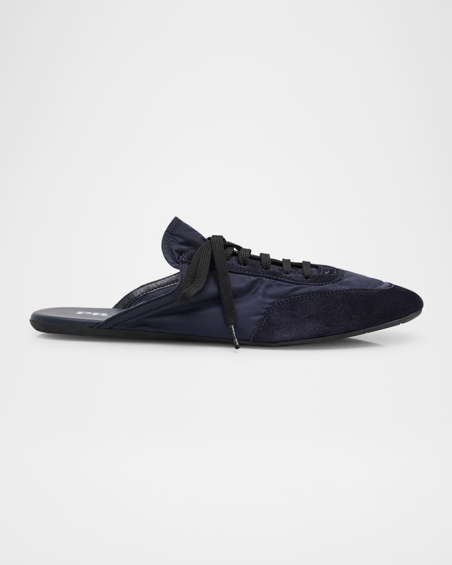 Prada Collapse Nylon and Suede Open-Back Sneakers | Neiman Marcus