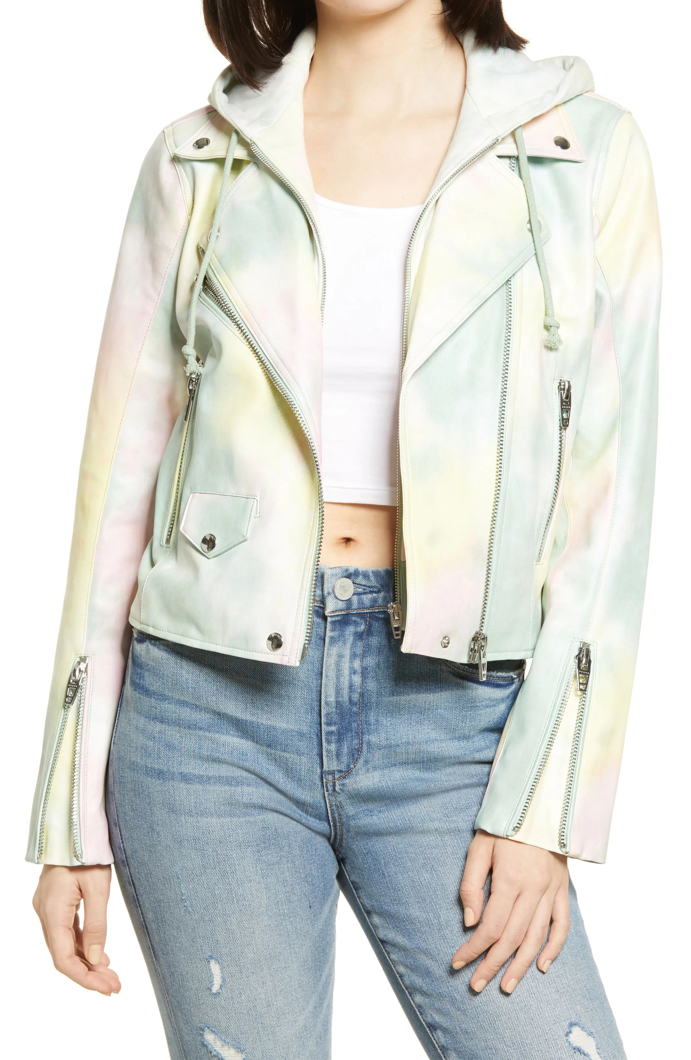 Women's Blanknyc Tie Dye Hooded Faux Leather Moto Jacket, Size Small - Green | Nordstrom