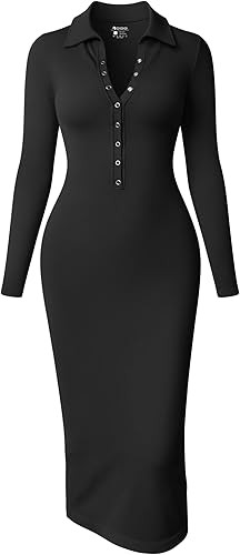 OQQ Women's Long Sleeve Maxi Dress Ribbed Back Slit Button Down Bodycon Soft Going Out Elegant Pa... | Amazon (US)