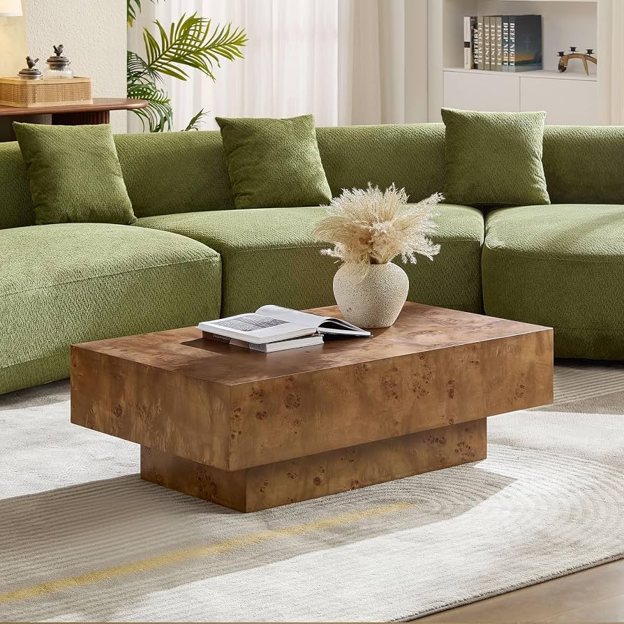 KEIKI 43" Burl Wood Veneer Rectangle MDF Coffee Table with Sturdy Pedestal, Mid-Century Style Sol... | Amazon (US)