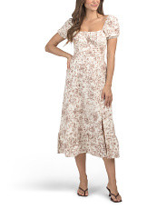 Linen Blend Puff Sleeve Square Neck Smocked Back Midi Dress | Casual Dresses  | Marshalls | Marshalls