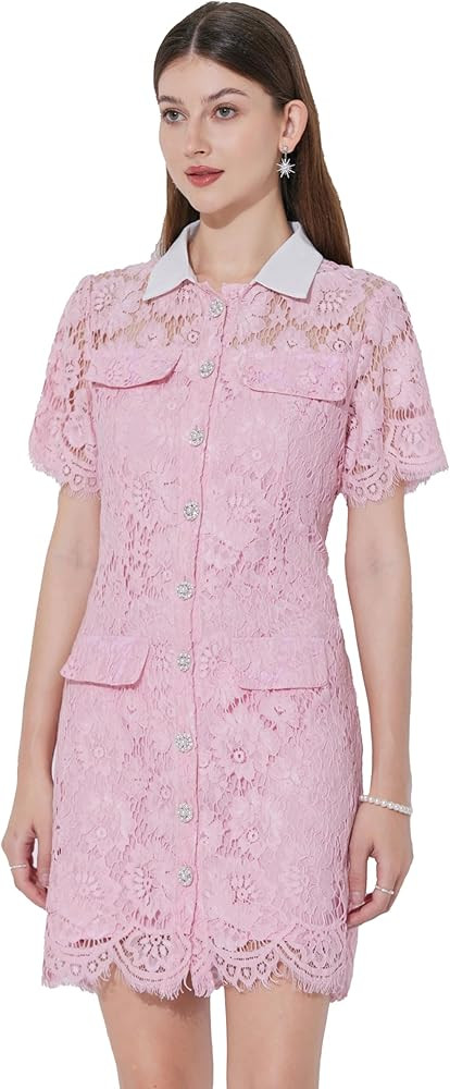 LAI MENG FIVE CATS Women's Lace Floral Contrast Collar Button Up Mini Dress | Amazon (US)