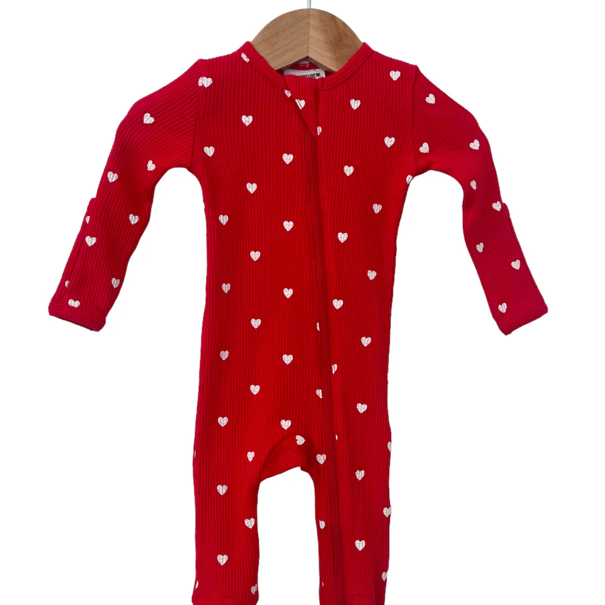 Organic Waffle Basic Zip Footie, Little White Heart (on Red) | SpearmintLOVE
