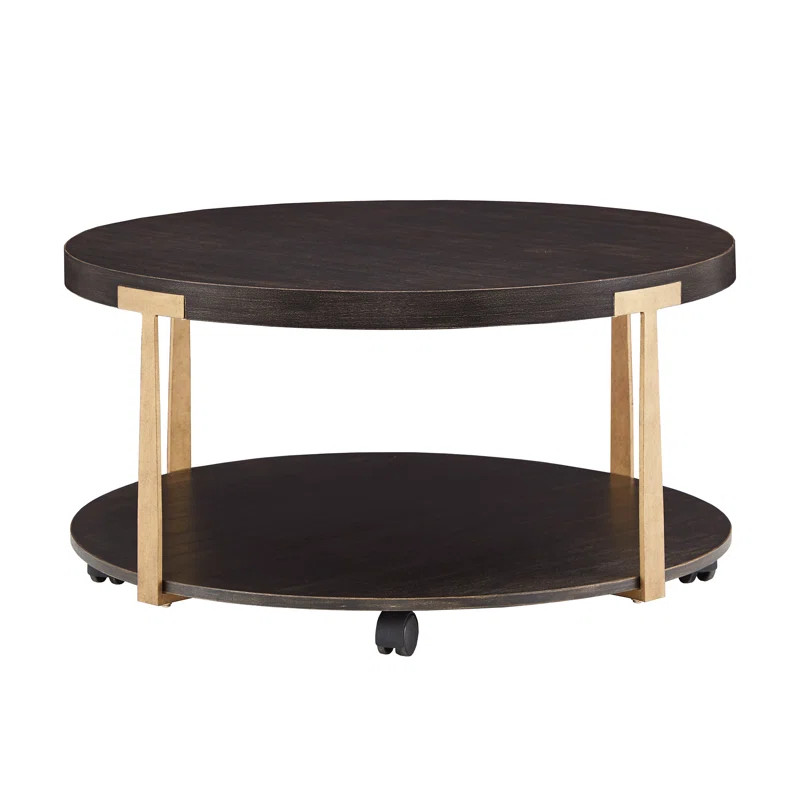 Sinegal Espresso Finish Antique Brass T-Brace Coffee Table | Wayfair North America