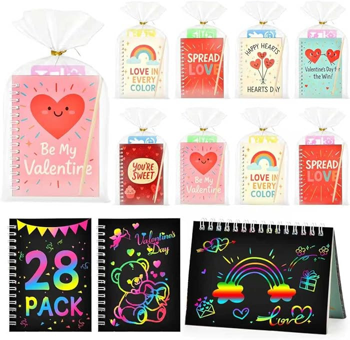 28 Pack Valentines Day Gifts for Kids Classroom - Rainbow Scratch Art Notebooks, Non-Candy Party ... | Amazon (US)