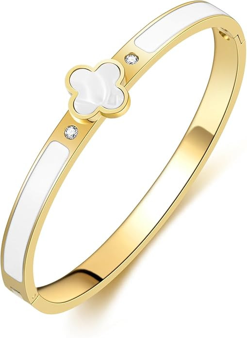 18k Gold Plated Stainless Steel Four Leaf Clover Bracelet for Women - Non-Tarnish, Precision Poli... | Amazon (US)
