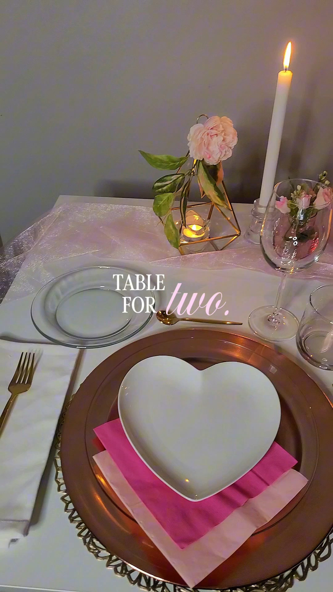 Create an intimate Valentine’s dinner at home with this romantic tablescape for two. I layered soft rose gold charger with classic gold to set a warm, inviting mood. A simple runner anchors the table, while gold flatware and delicate glassware add just the right touch of elegance. Flowers, candles, and a few heart‑shaped accents bring in that dreamy Valentine’s charm without feeling over the top.

Whether you’re planning a cozy date night or a special celebration, these pieces make it effortless to elevate your table and create a moment that feels truly personal. Shop the look to recreate this sweet and timeless setup at home. 

 #LTKTablesetting #LTKValentine #LTKHome