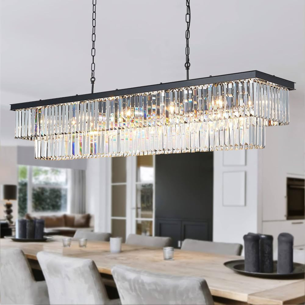 Modern Black Crystal Chandelier Lighting - L59 Inch, 17 Lights Rectangle Ceiling Hanging Chandeli... | Amazon (US)