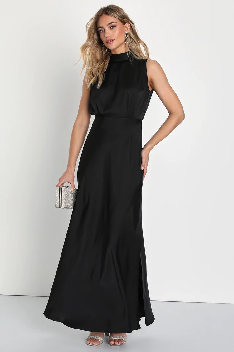 Classic Elegance Black Satin Sleeveless Mock Neck Maxi Dress | Lulus