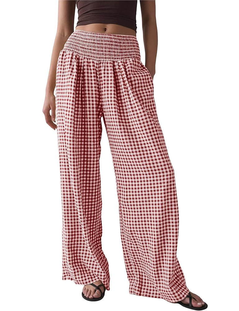 Qiaomai Women Casual Plaid Pants Elastic High Waist Wide Leg Lounge Pants Loose Trousers | Amazon (US)