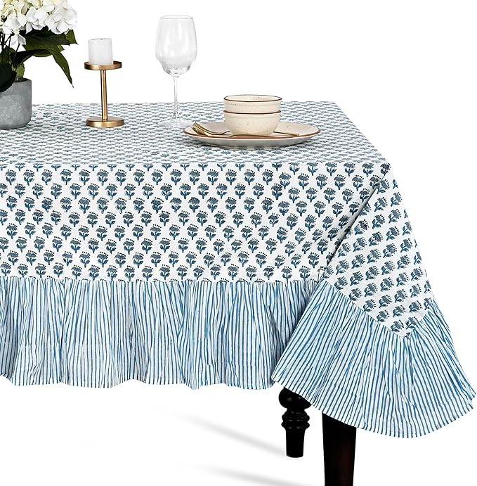 Amazon.com: CPC Apatite Blue Block Print Ruffle Tablecloth 100% Cotton 60" x 60" Square Floral Ta... | Amazon (US)