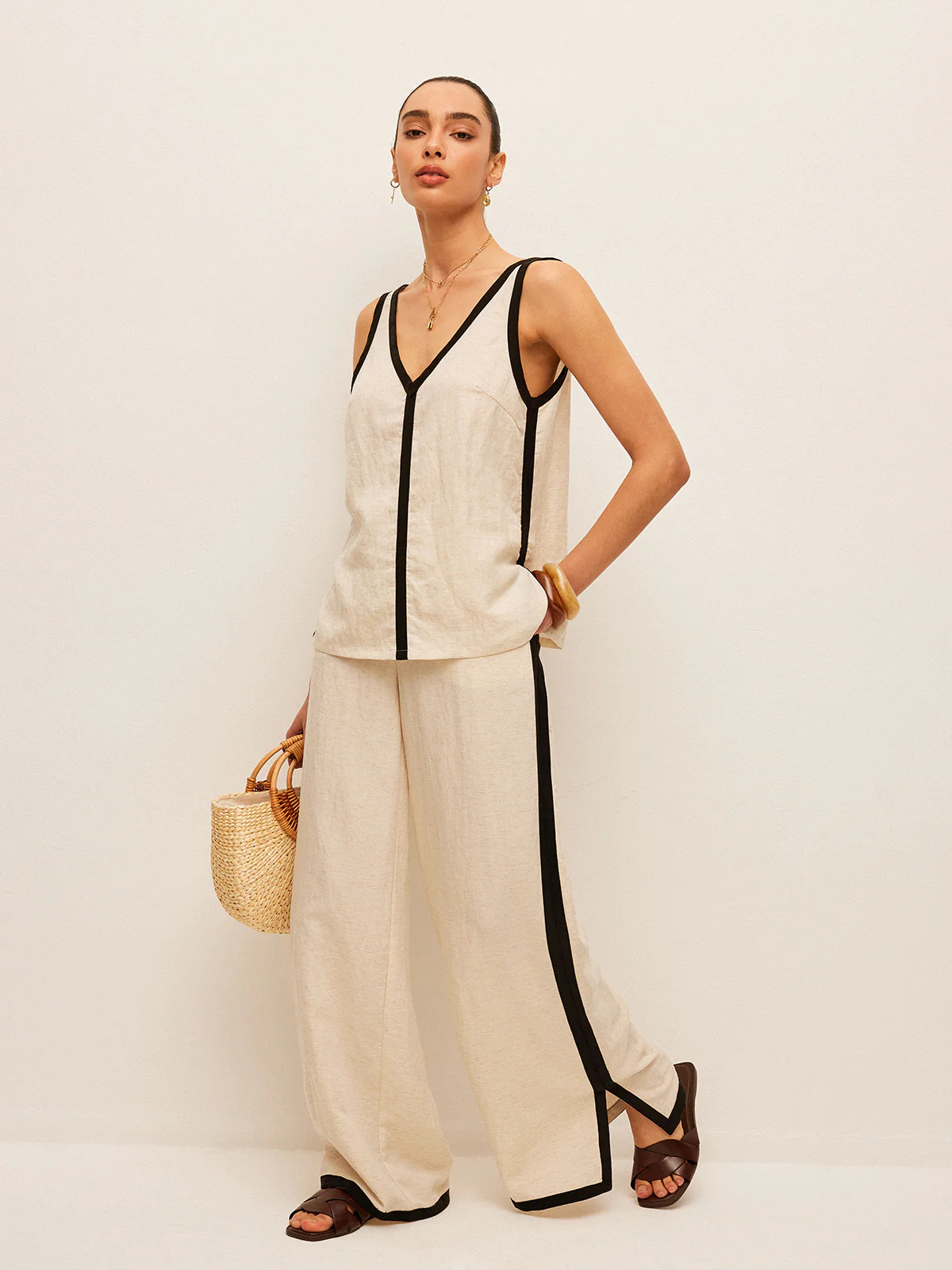 Cotton & Linen Contrast Trim V-Neck Pants Set | Commense