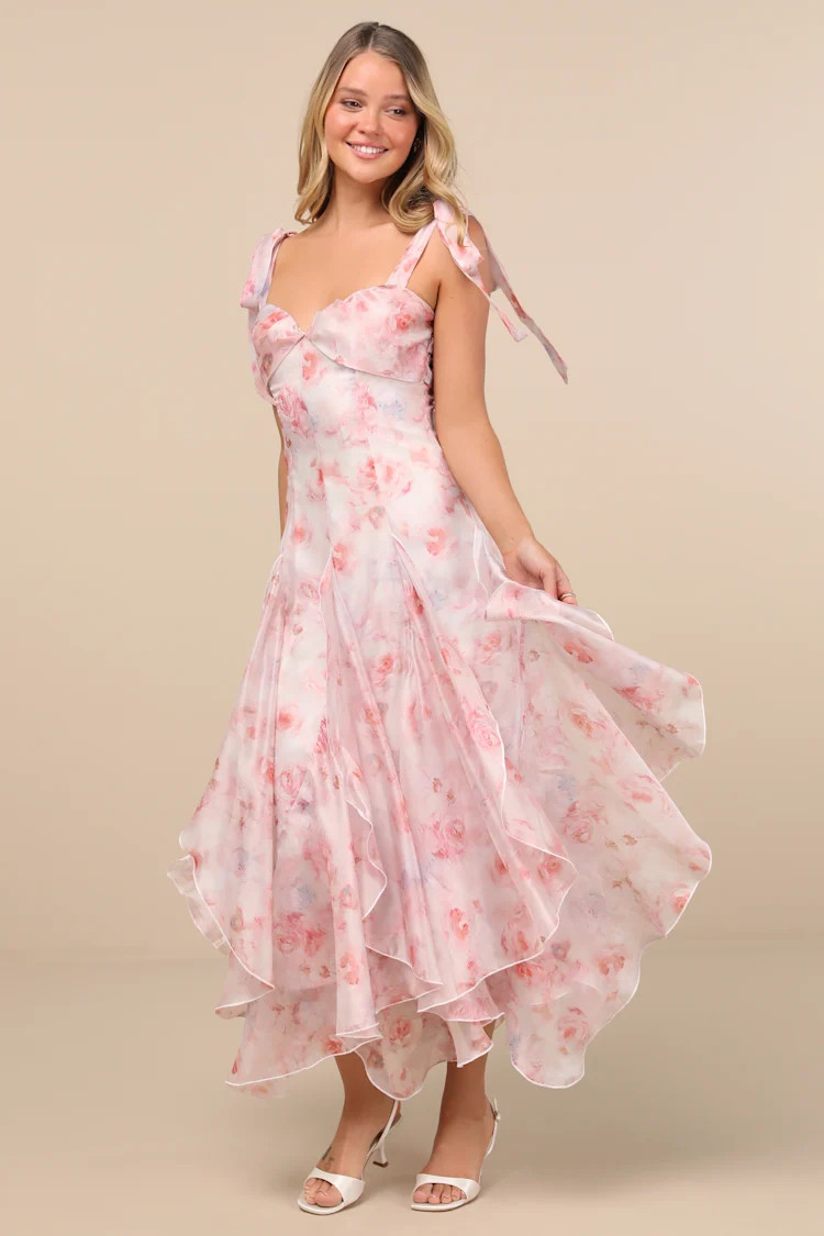 Cliona Blush Pink Floral Pleated Tie-Strap Maxi Dress | Lulus