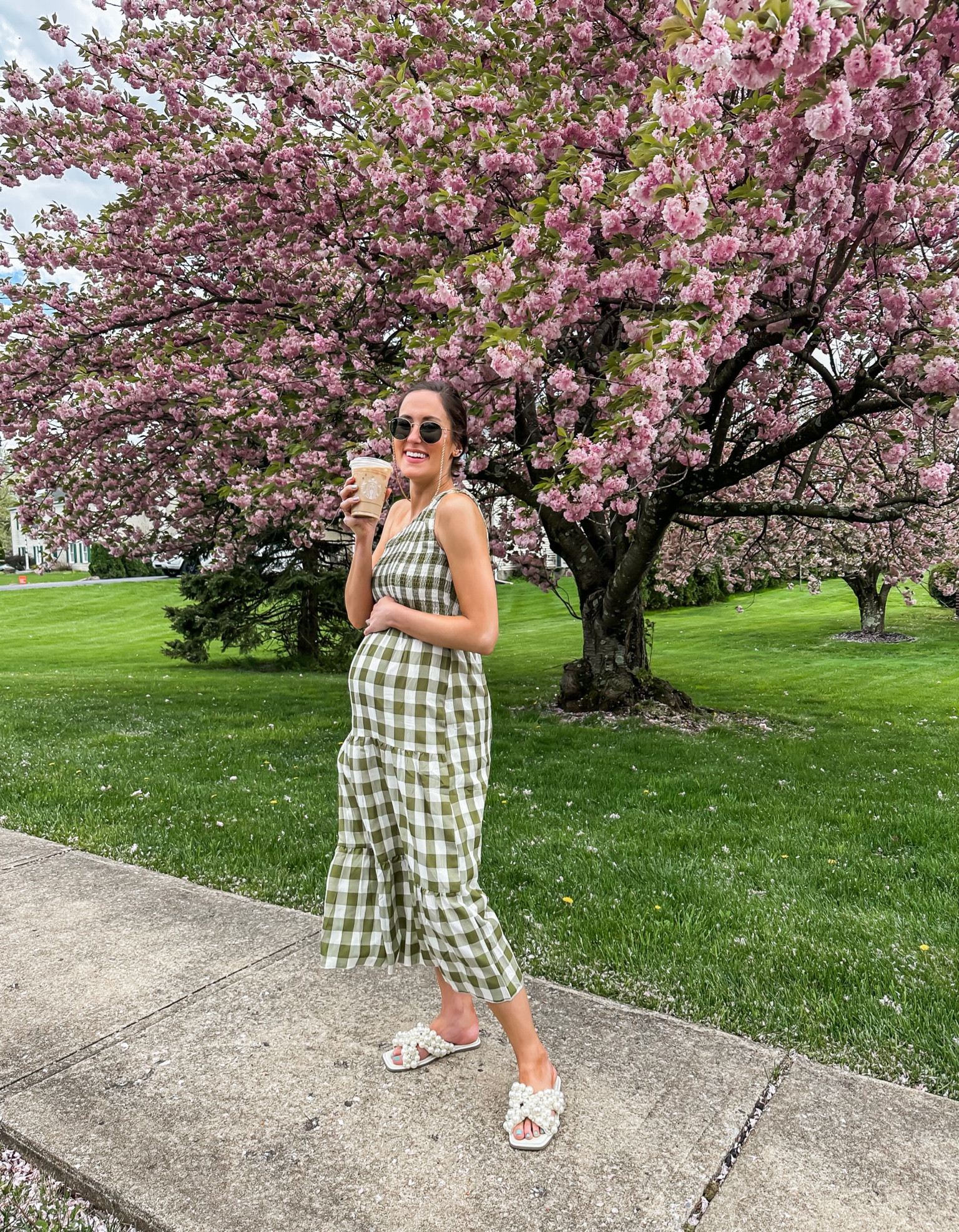 Cutest one shoulder smocked gingham midi dress ON SALE for only $17!!! ⚡️ wearing size small at 28 weeks pregnant 🤍 Bump friendly dress // baby shower dress // bridal shower dress // spring wedding guest dress // amazon fashion find // gold sunglass chain // Pearl Steve Madden sandals // rayban sunglasses

#LTKbump #LTKSeasonal #LTKsalealert