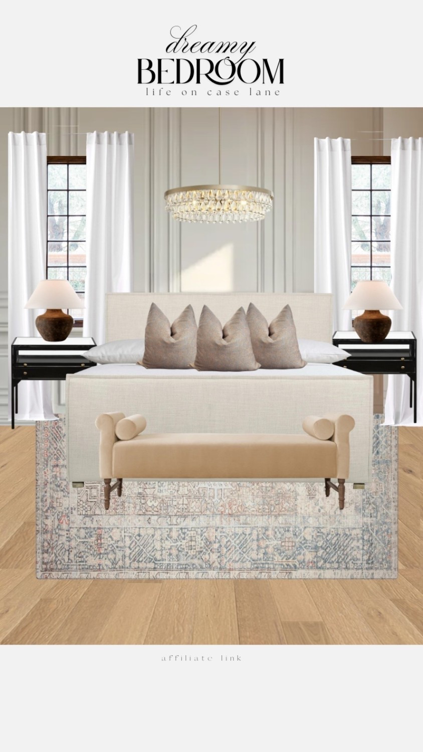 Primary bedroom furniture, master bedroom, guest bedroom, traditional bedroom, transitional bedroom, nightstand, upholstered bed, area rug, bedroom bench, bedroom chandelier, lamp, bedroom lamp, neutral bedroom, curtains, neutral curtains, triple pleat pinch curtains, affordable furniture, good quality furniture, wayfair, Loloi

#LTKHome #LTKSaleAlert