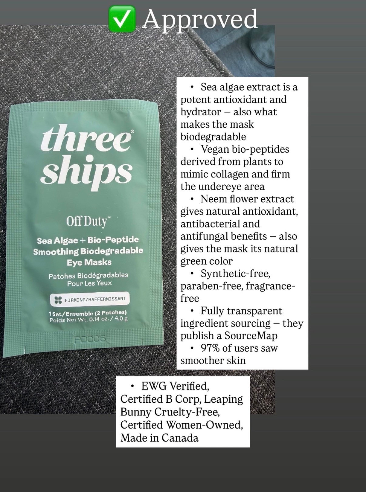 I discovered all of these gems at the Erewhon Glendale grand opening and the good news is you do not need to make the trip or pay Erewhon prices to get them. I have everything linked below so you can shop directly on Amazon. Consider this your curated clean living haul, already researched and ingredient checked for you. 🤍

Biodegradable sea algae eye masks that actually work. Vegan bio peptides to firm, neem flower for antioxidant protection and zero synthetic ingredients. EWG Verified, Certified B Corp and Leaping Bunny certified. Clean beauty does not get much better than this. These are going in my weekly rotation immediately. 

#ThreeShips #OffDuty #CleanBeauty #EWGVerified #LowToxBeauty #EyeMask #CleanSkincare #BCorp #CrueltyFree #LowToxLiving

#LTKselfcare #LTKBeauty