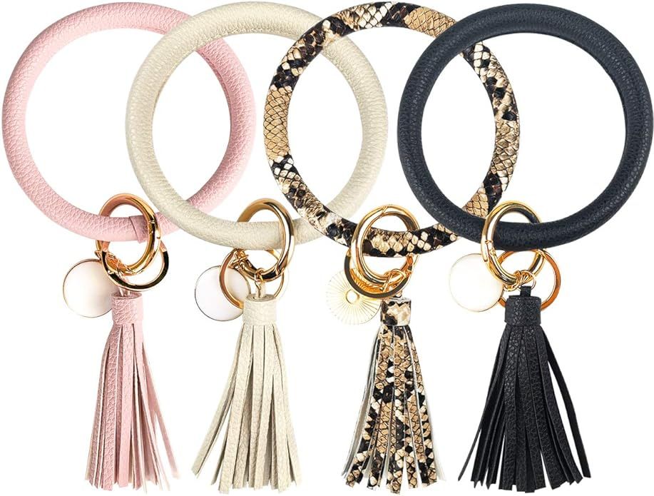 4PCS Leather Wristlet Keychain Bracelet Bangle Round Key Ring Large Circle Tassel Key Chain Brace... | Amazon (US)