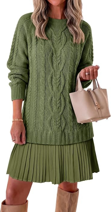 Saodimallsu Womens Cable Knit Sweater Dress Patchwork Pleated Long Sleeve Crewneck Fall Chunky Preppy Mini Dresses | Amazon (US)