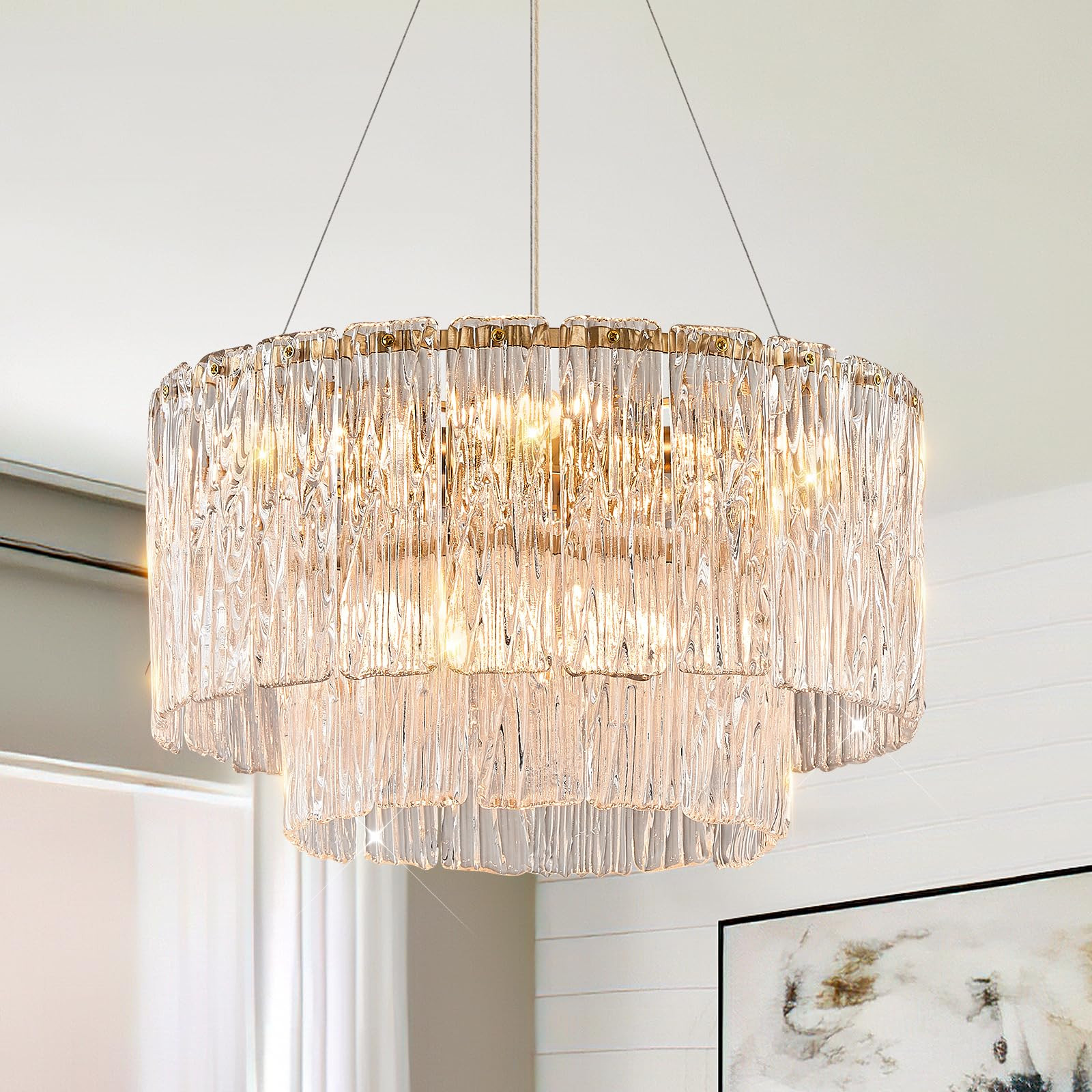 Modern Gold Chandeliers,20” Crystal Glass Pendant Ceiling Light Fixtures 7-Light Round Chandelier Luxury 2 Tiers Hanging Chandelier for Dining Room Foyer Living Room Bedroom | Amazon (US)